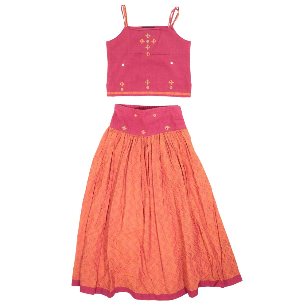 Fabindia Lehenga Choli Set Ethnic Embroidered Pink Orange Cotton Girls M 4-6Y